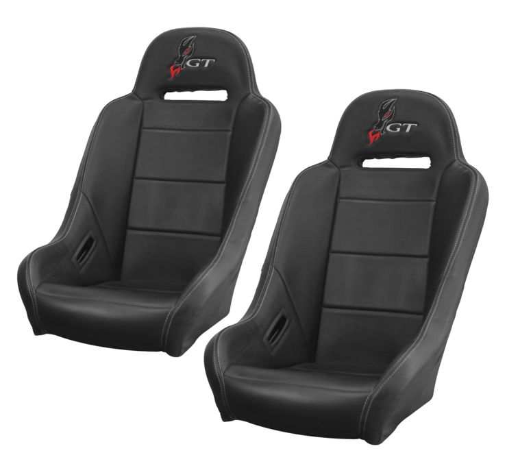 Pair of black DragonFire Racing HighBack GT Seats with embroidered logo and heavy-duty stitching designed for off-road vehicles.