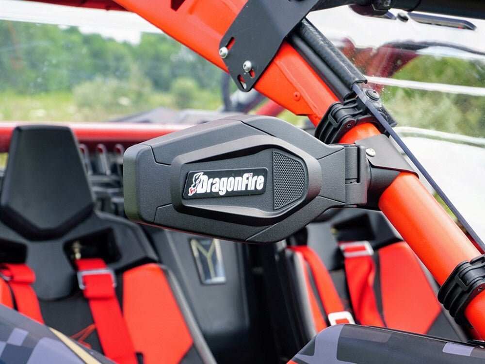 Dragonfire Racing Slayer adjustable foldable side view mirror on orange UTV roll cage
