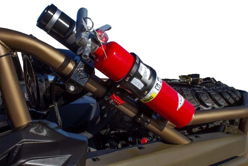 Quick Release UTV Fire Extinguisher Mount installed on roll cage with red fire extinguisher