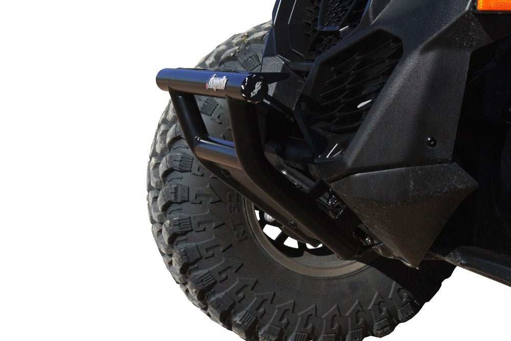 RacePace front bumper installed on Can-Am Maverick X3 with skid plate and light mounts