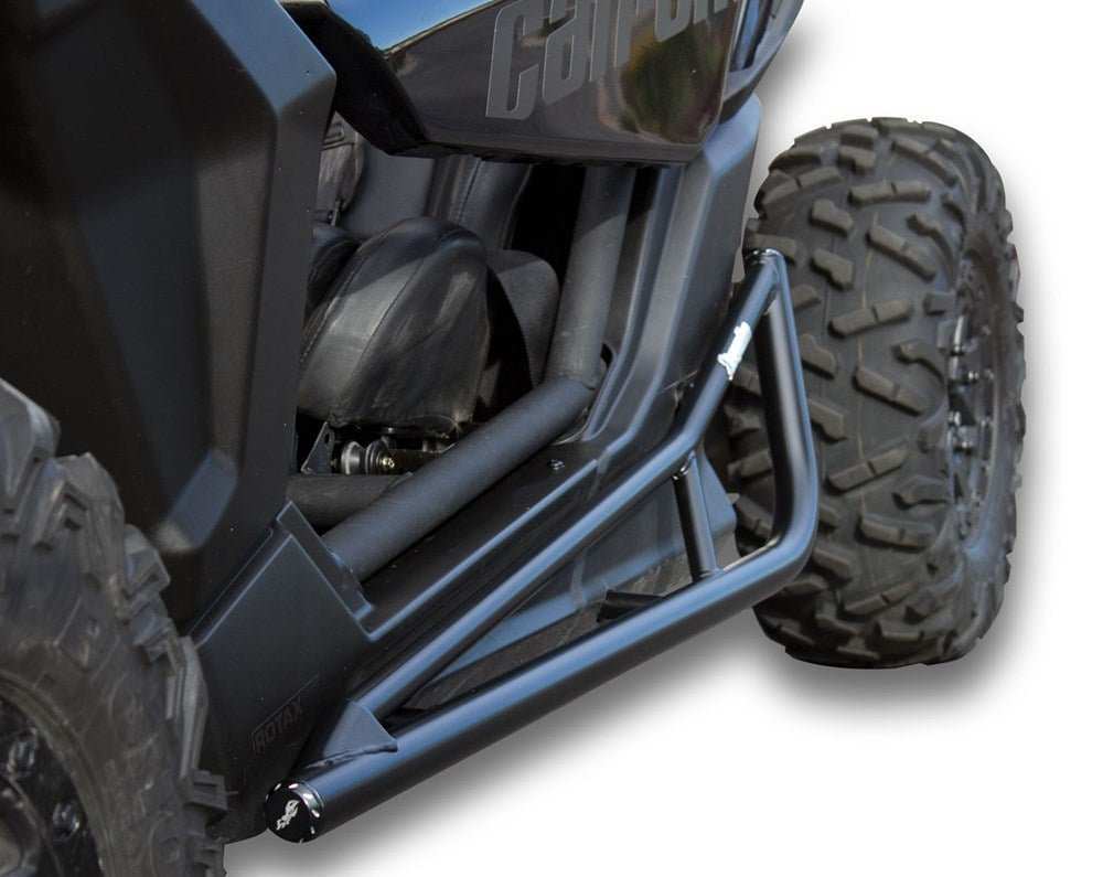 RacePace Nerf Bar for Can-Am Maverick X3 with rigid mounting, integrated rock slider, and DragonFire billet end caps in black.