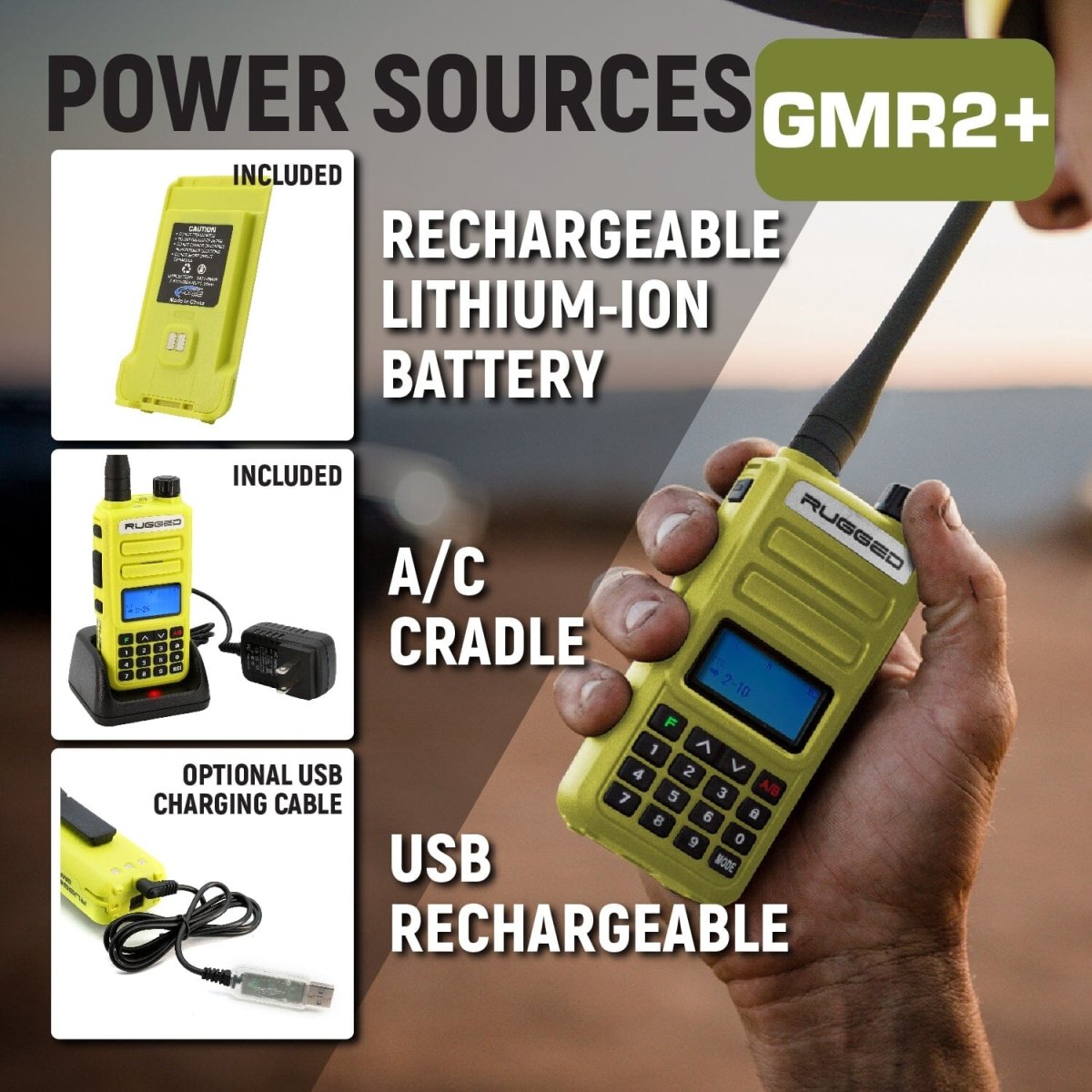 Rugged GMR2 PLUS GMRS and FRS Two Way Handheld Radio - High Visibility Safety Yellow - Rad Parts