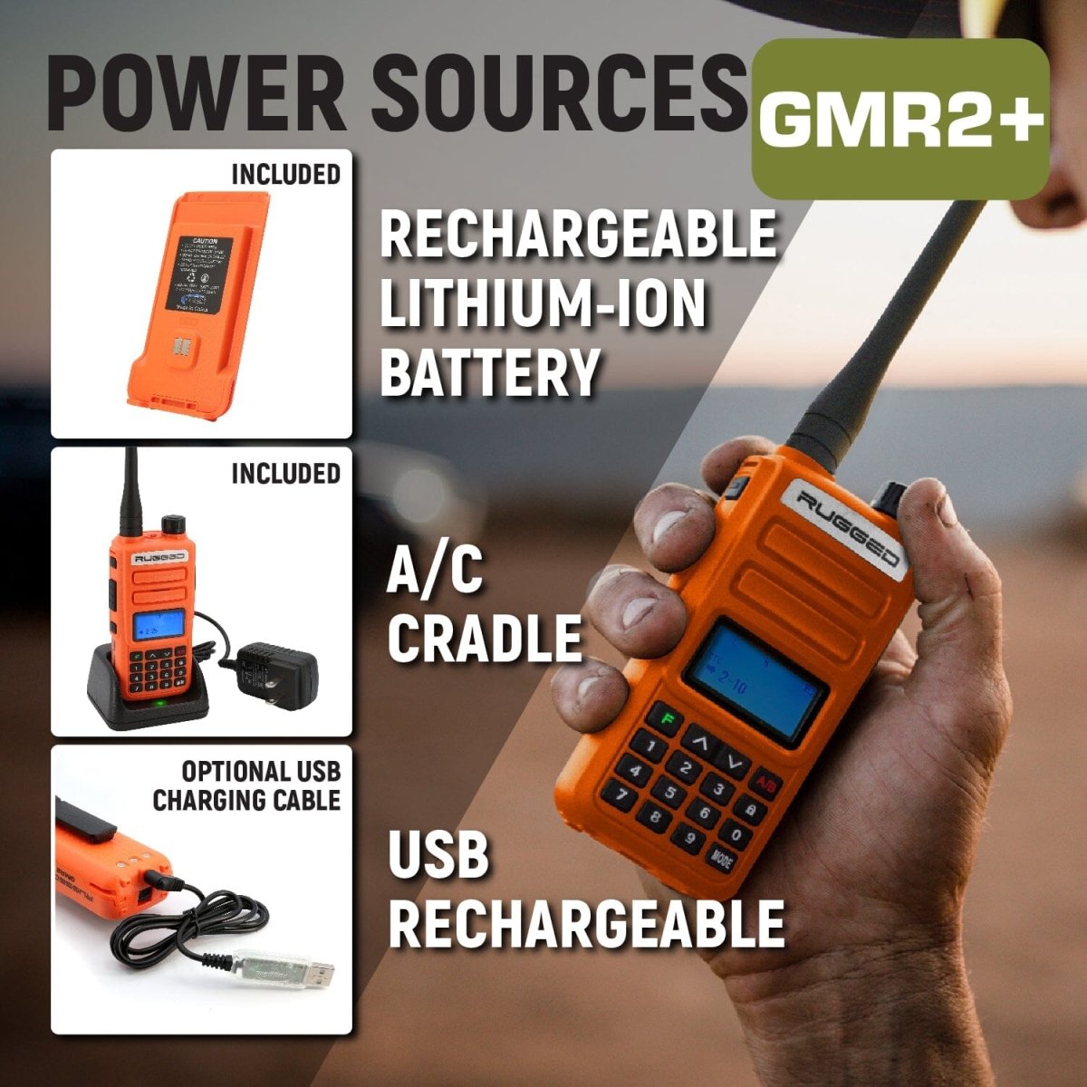 Rugged GMR2 PLUS GMRS and FRS Two Way Handheld Radio - Safety Orange - Rad Parts