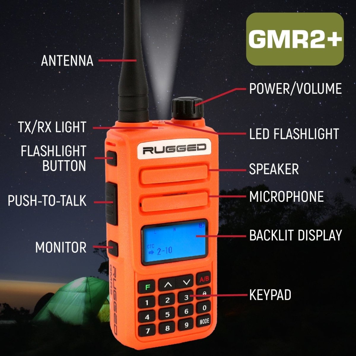 Rugged GMR2 PLUS GMRS and FRS Two Way Handheld Radio - Safety Orange - Rad Parts