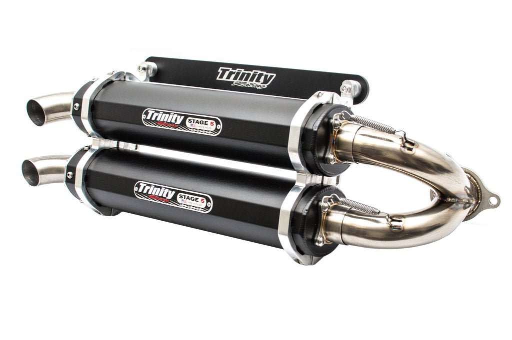 Trinity Racing RZR Turbo S slip on exhaust system with dual black mufflers and stainless steel pipes