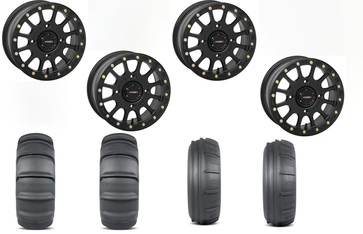 System 3 Beadlock Black Wheels with 32" GMZ Sand Stripper Paddle Tires - Rad Parts