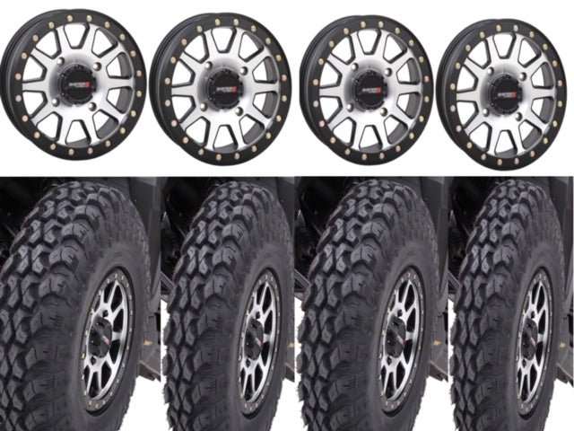 Set of four System 3 Beadlock 4/137 wheels with 32-inch RT320 Race and Trail tires mounted on UTVs.