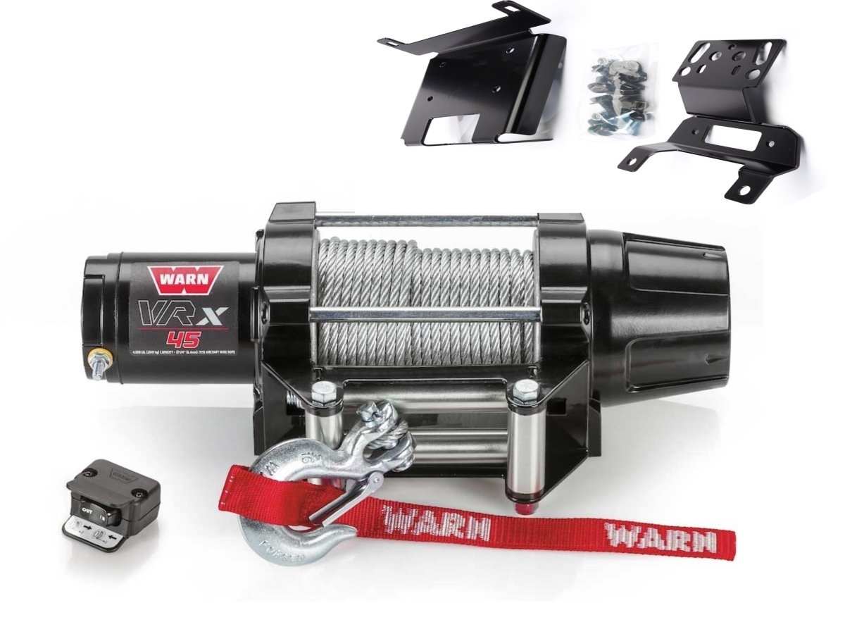 Warn VRX 45 powersport winch with steel rope, roller fairlead, zinc-plated hook, and mounting kit for RZR XP 1000