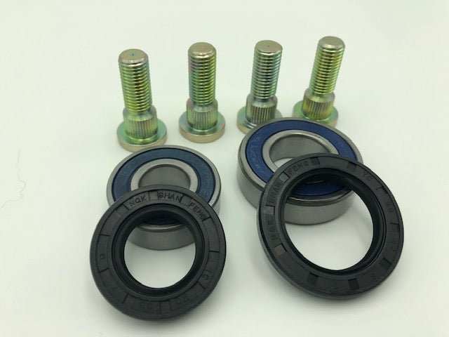 Yamaha ATV hub rebuild kit with ABEC 3 bearings, premium seals, and CNC machined studs for YFZ 450 and Raptor 700.