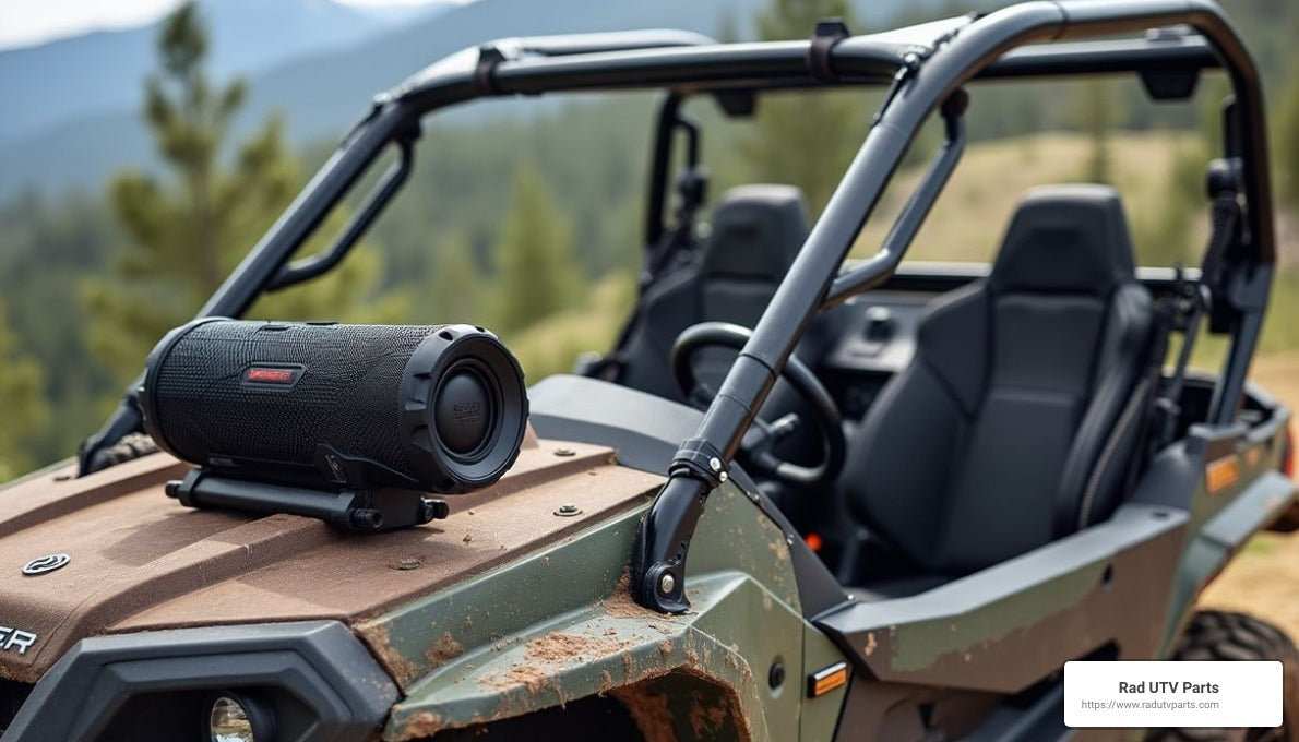 UTV Bluetooth speaker mounted on off-road vehicle hood in outdoor setting