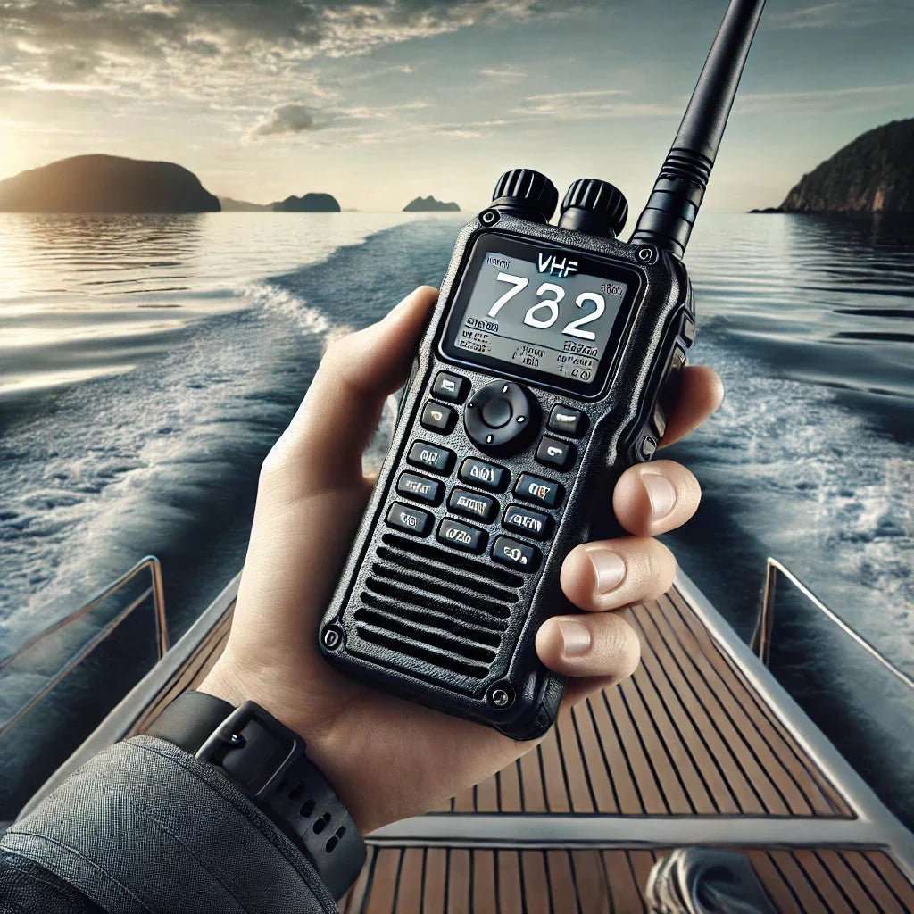 Handheld VHF marine radio held on a boat deck with ocean and islands in background for reliable marine communication