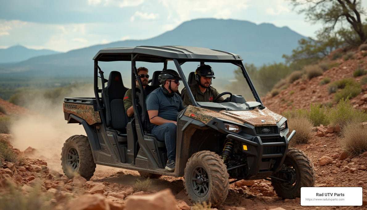 4-seater UTV off-road vehicle with four passengers driving on rugged desert terrain