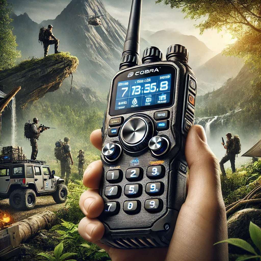 Hand holding Cobra GMRS radio with outdoor adventure background and off-road vehicle