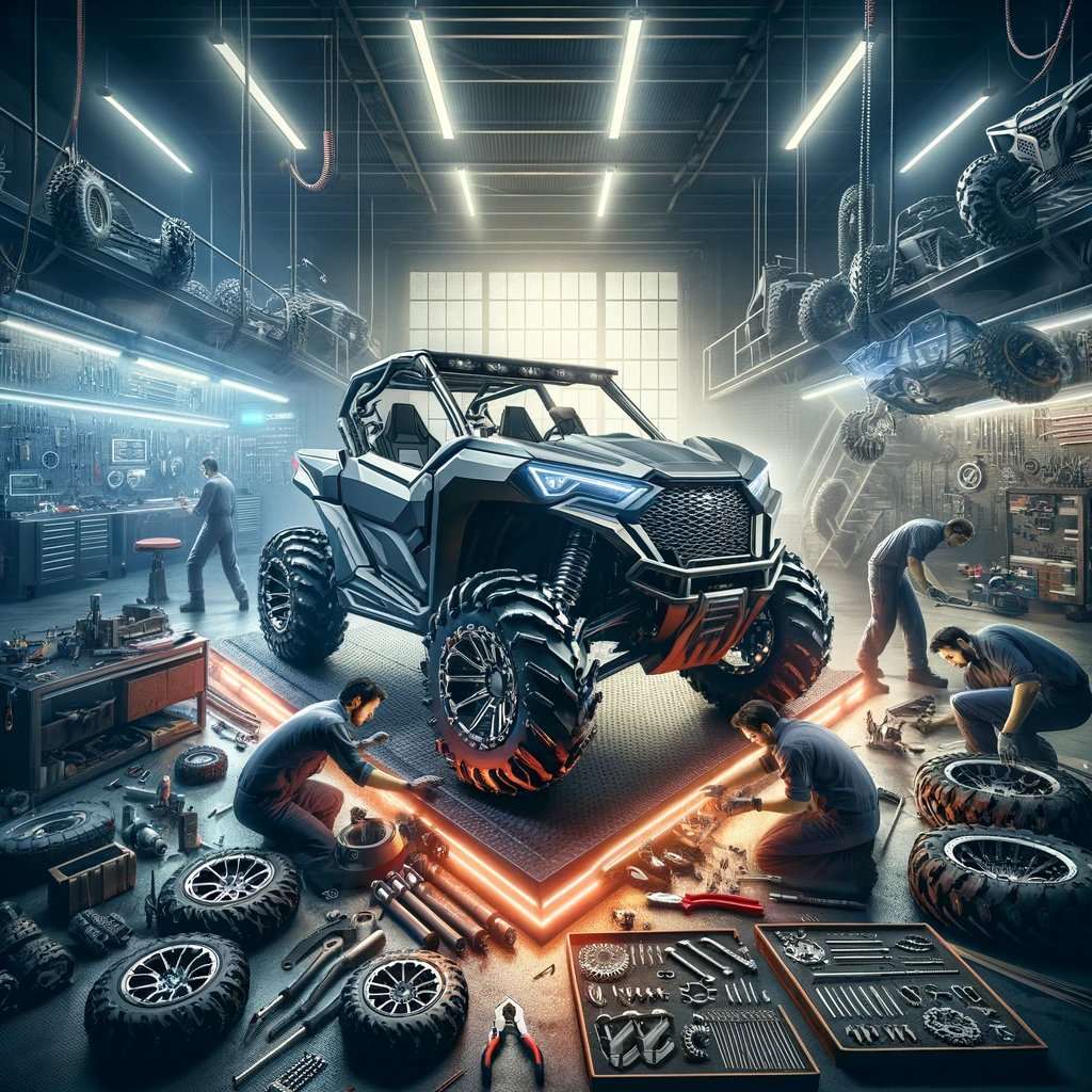 High-performance UTV undergoing upgrades in a well-equipped garage with mechanics working on tires and parts surrounding the vehicle