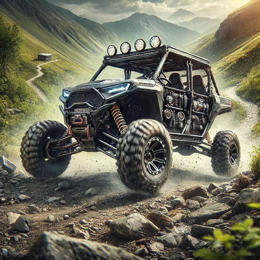 Black off-road UTV with rugged tires and roof lights driving on rocky mountain trail