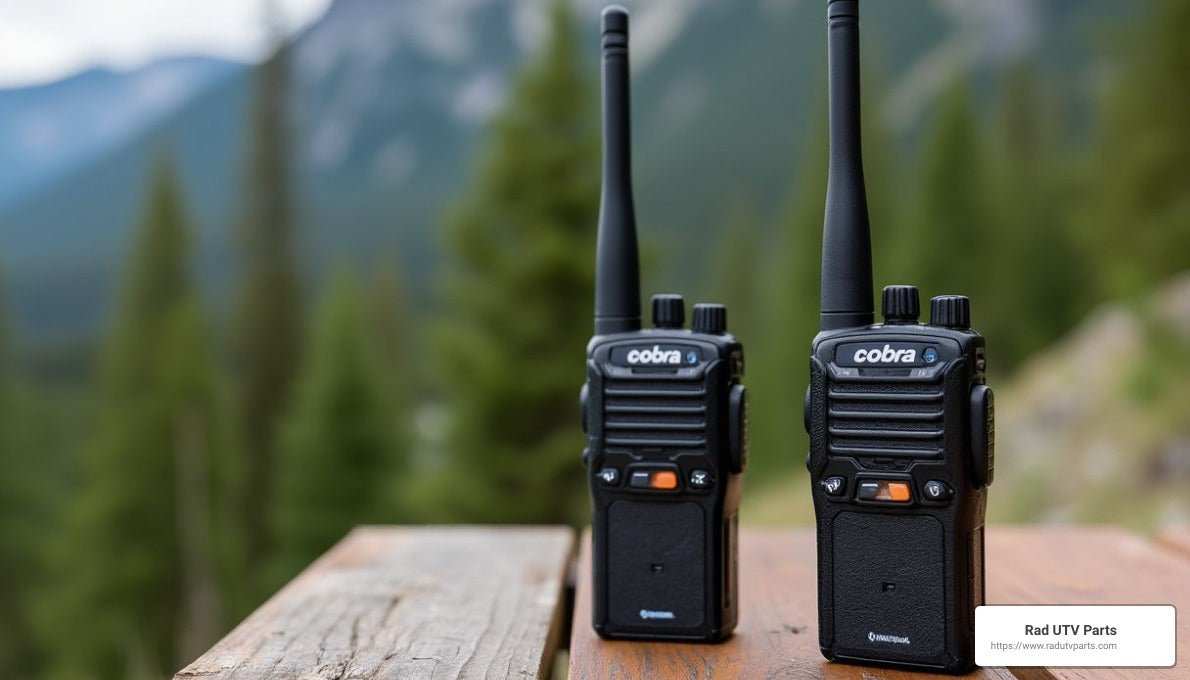 Cobra microTALK Radios two-way walkie-talkies on wooden surface with blurred forest background for outdoor communication