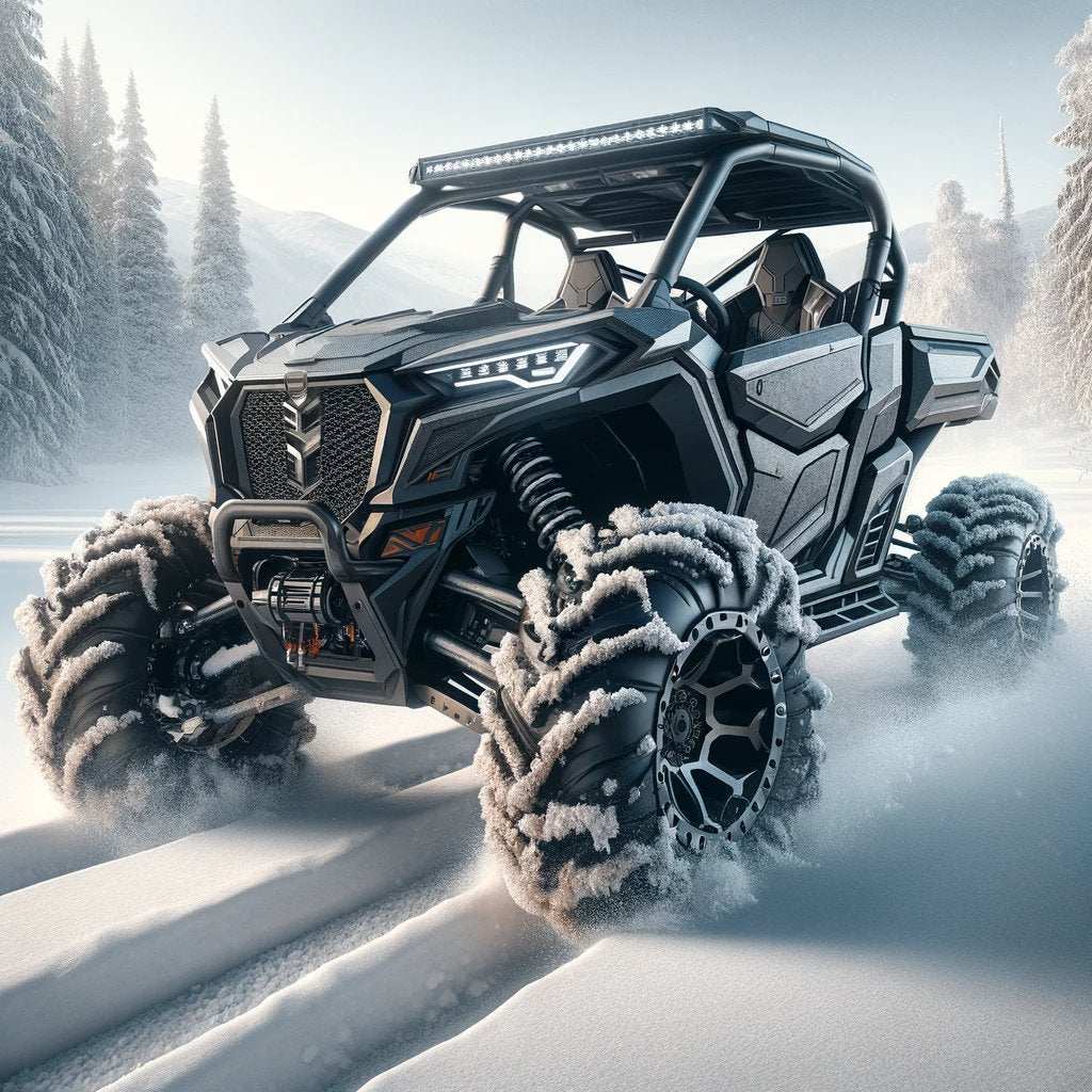 Black UTV equipped with winter tires navigating snowy forest terrain with frosted trees and snow-covered ground