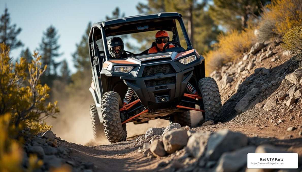 Off-road UTV navigating rocky trail showcasing UTV performance upgrades and rugged terrain capability