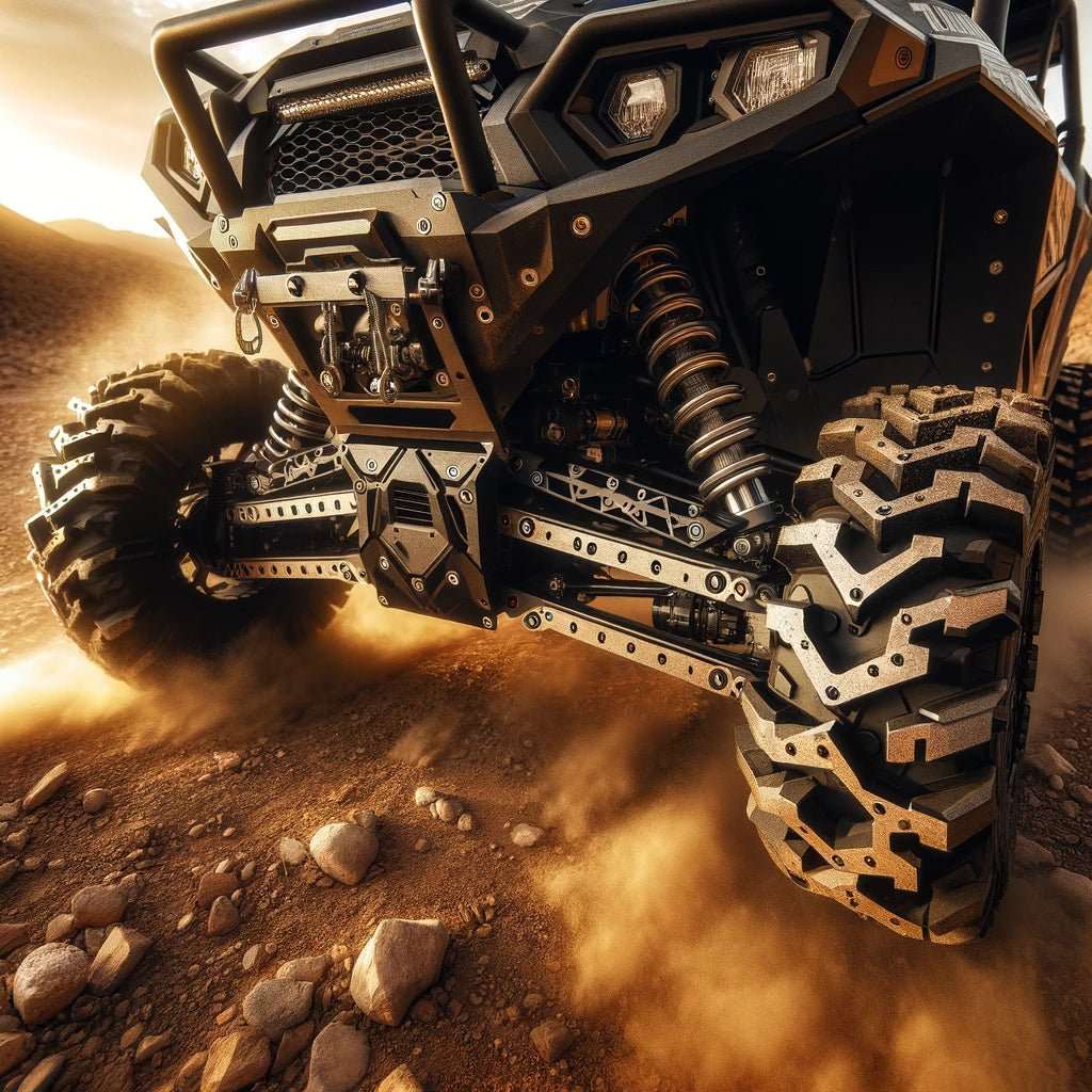 Close-up of UTV off-road tires kicking up desert dust during desert trail prep