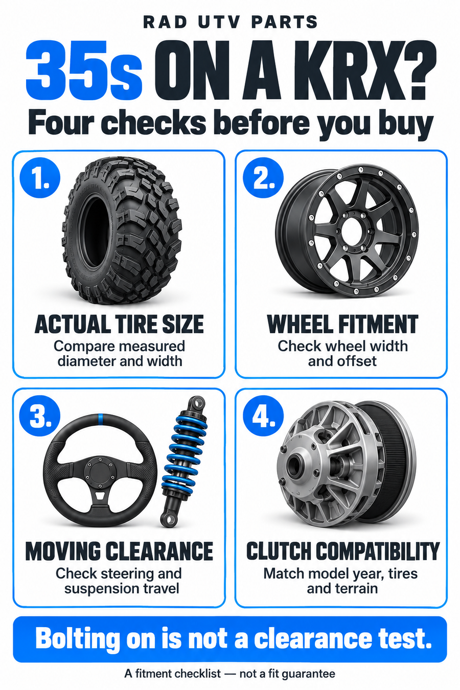 Four checks before fitting 35-inch tires on a Kawasaki KRX: tire size, wheel fitment, moving clearance and clutch compatibility.