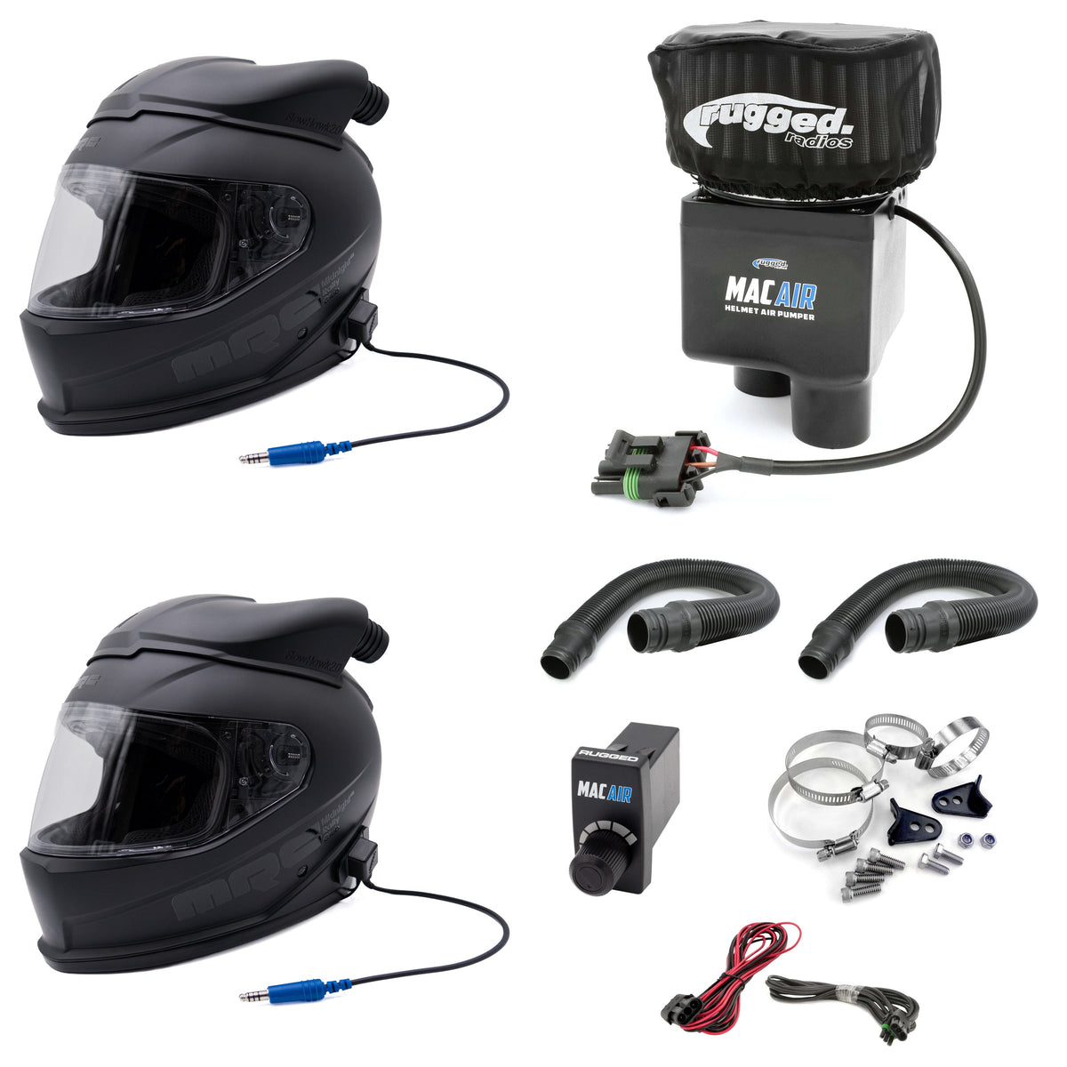 Complete MAC Air two-person pumper kit with two wired MRC Stage One EVO helmets, two air hoses, variable speed controller, wiring and universal bar mount