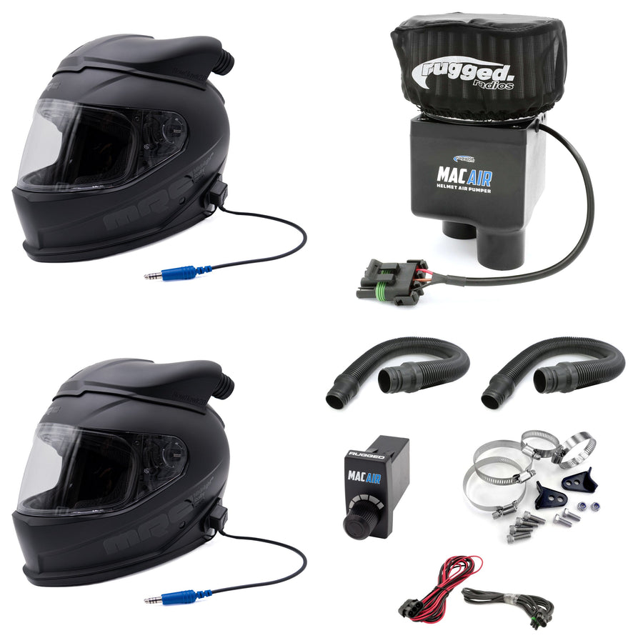 Complete MAC Air two-person pumper kit with two wired MRC Stage One EVO helmets, two air hoses, variable speed controller, wiring and universal bar mount