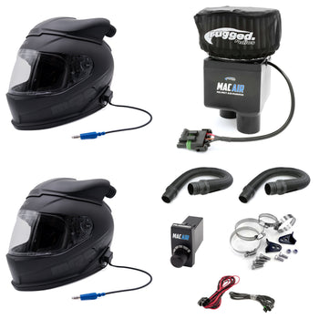 Complete MAC Air two-person pumper kit with two wired MRC Stage One EVO helmets, two air hoses, variable speed controller, wiring and universal bar mount