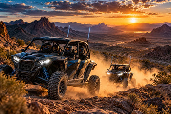 Illustrated UTV group ride with radio antennas on a rocky desert trail at sunset