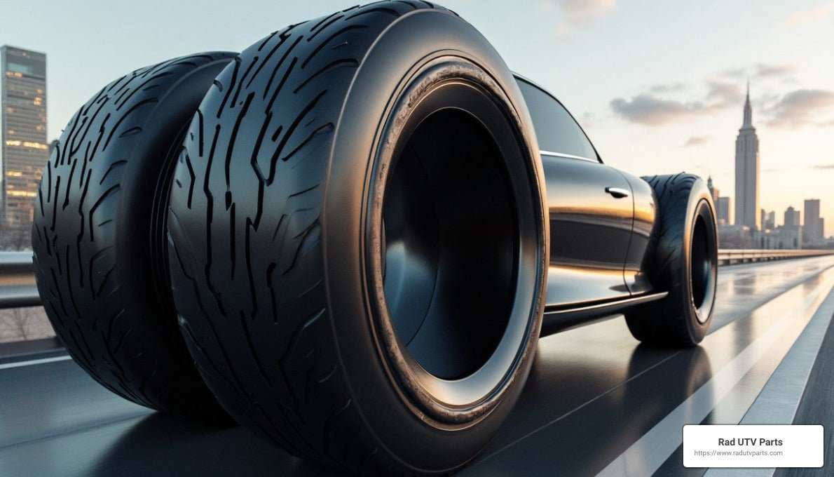 Futuristic car equipped with durable no air tires on urban road at sunset.