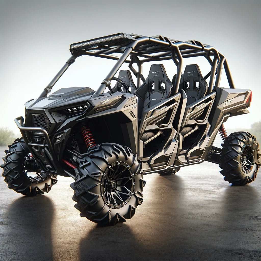 Black four-seater UTV with off-road tires and roll cage on plain background