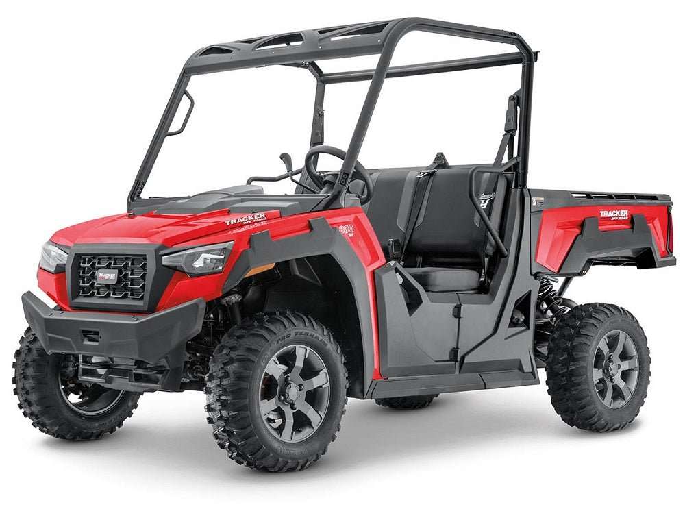 Red Tracker 800 Side-by-Side off-road vehicle with rugged tires and open cabin designed for work and play