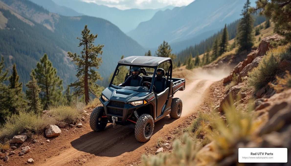 Two riders driving a reliable side-by-side UTV on a rugged mountain trail with pine trees and distant hills in the background
