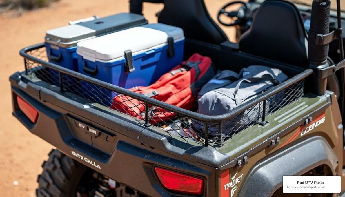 UTV cargo nets securing coolers and bags in UTV cargo bed on off-road trail