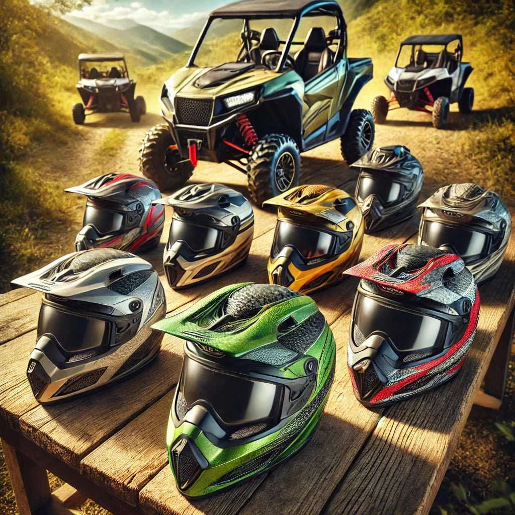 Variety of colorful UTV helmets displayed on wooden table with off-road vehicles in background