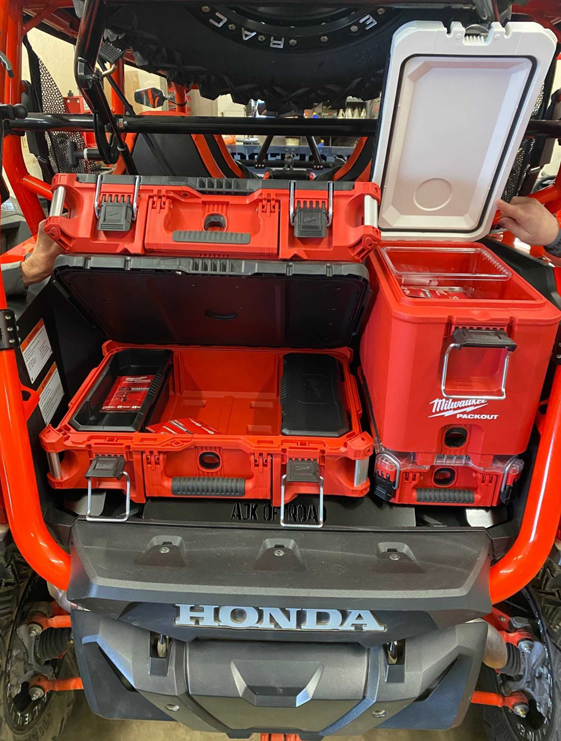 Honda Talon Milwaukee Packout Mount 1.5 — Honda Talon Milwaukee Packout Mount 1.5 by AJK Offroad with cooler and one kit opened and on display