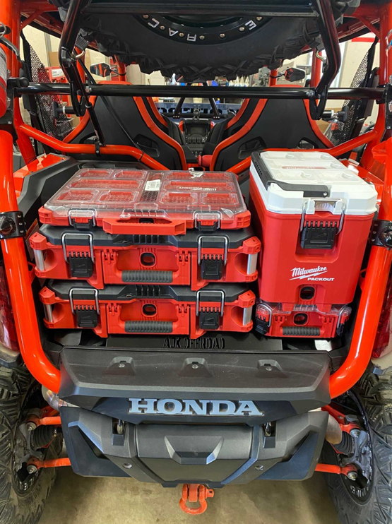 Honda Talon Milwaukee Packout Mount 1.5 — Honda Talon Milwaukee Packout Mount 1.5 AJK Offroad with three wide kits and one kit plus cooler