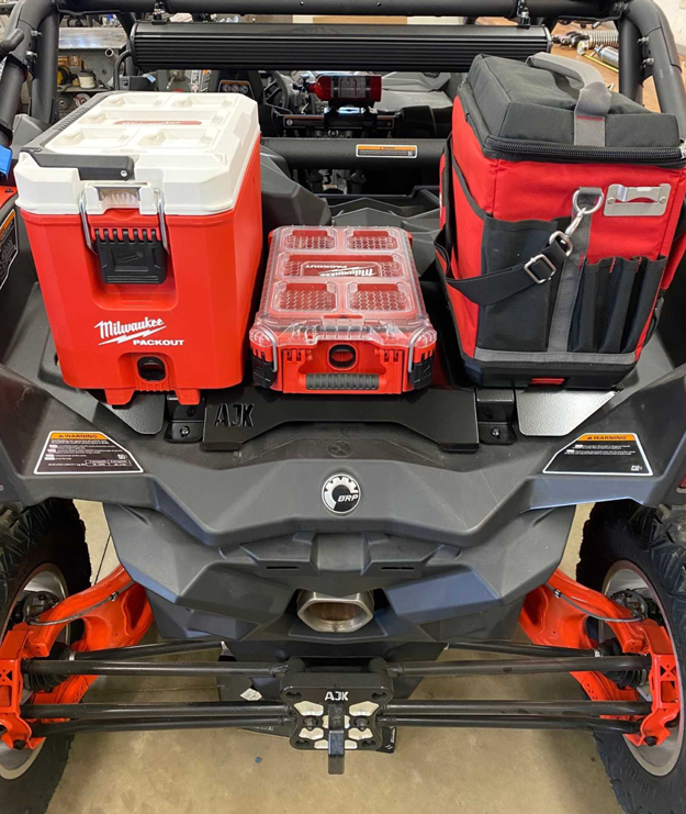 Can-Am Maverick X3 Milwaukee Packout Mount 1.5 — Can-Am X3 Milwaukee Packout Mount 1.5  by AJK Offroad with Cooler and two Kits