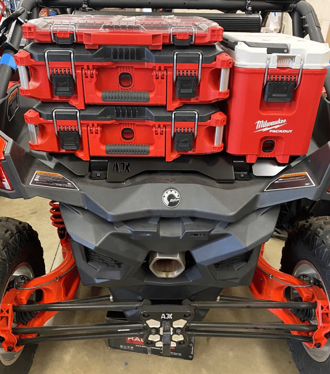 Can-Am Maverick X3 Milwaukee Packout Mount 1.5 — Can-Am X3 Milwaukee Packout Mount 1.5 by AJK Offroad Close Up of 3 Kits and Cooler