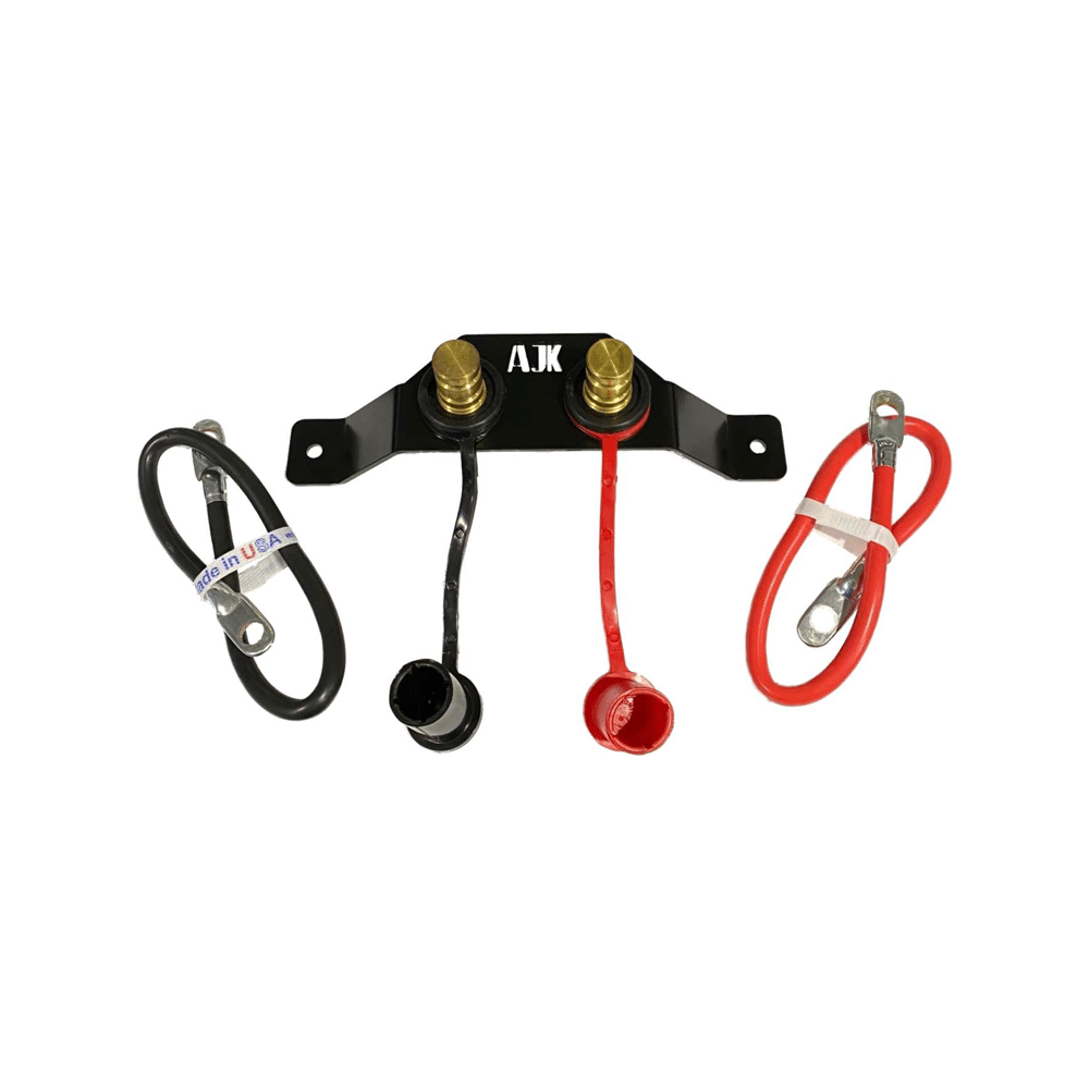 Battery Terminal Relocation Kit — Battery Terminal Relocation Kit by AJK Offroad opened and with battery cables