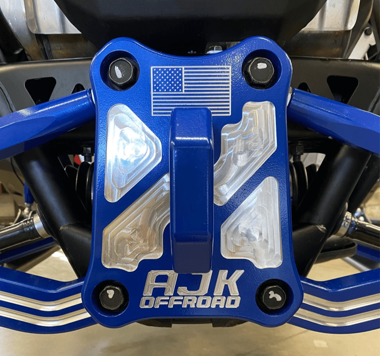 Polaris Pro R / Turbo R / Pro S Billet Radius Rod Plate / Pull Plate — Polaris Pro R / Turbo R Billet Radius Rod Plate / Pull Plate by AJK Offroad Close Up of Blue Plate Installed on Vehicle