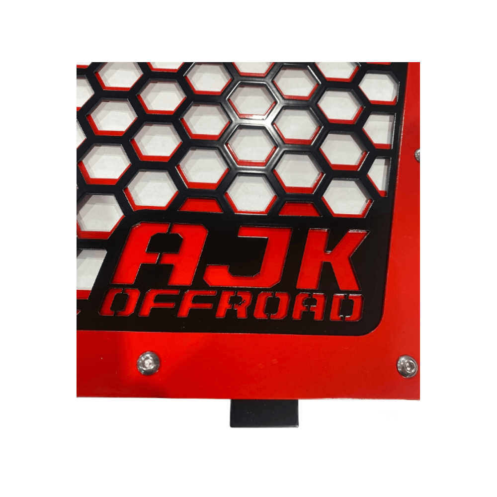 Kawasaki KRX Front Grille — Kawasaki KRX Front Grill by AJK Offroad in Red Logo Close Up