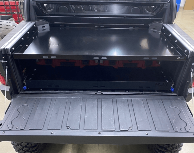 Polaris Xpedition Bed Tray — Polaris Xpedition Bed Tray by AJK Offroad Back View Mounted Lower Pictured with Bed Drawer and Loadout Kits with Drawer In and Tailgate Open