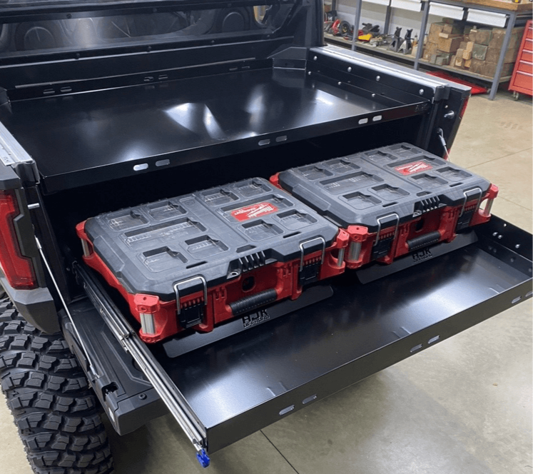 Polaris Xpedition Bed Drawer — Polaris Xpedition Bed Drawer by AJK Offroad Opened with Milwaukee Kits