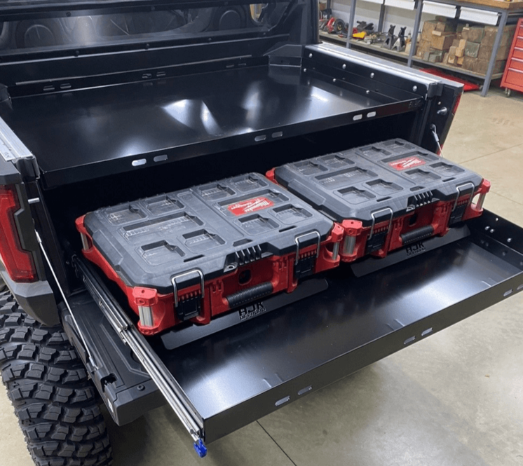 Polaris Xpedition Bed Tray — Polaris Xpedition Bed Tray by AJK Offroad Left Side Angle View Mounted Lower Pictured with Bed Drawer and Loadout Kits