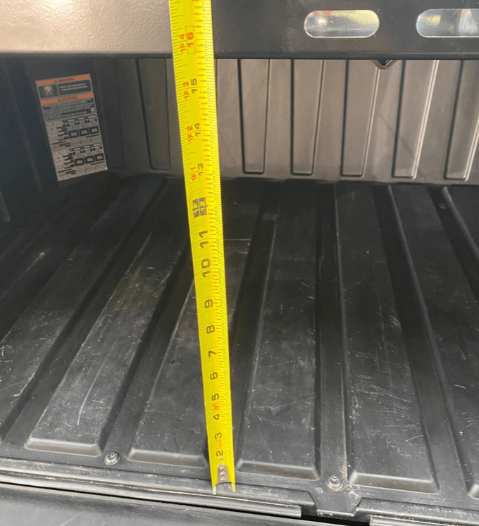Polaris Xpedition Bed Tray — Polaris Xpedition Bed Tray by AJK Offroad  Back Close Up with Tape Measure Showing Height of 16 Inches
