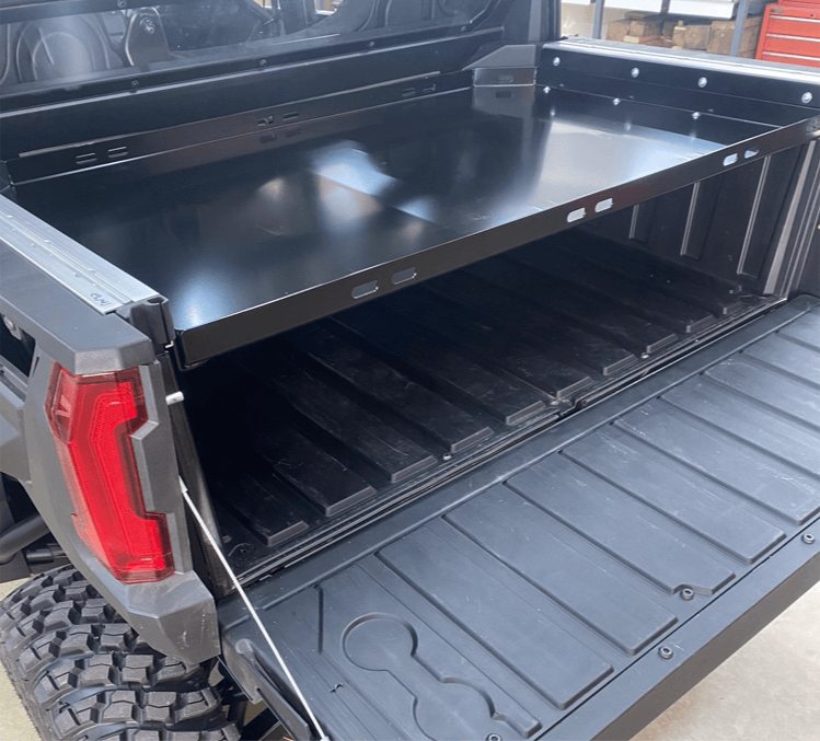 Polaris Xpedition Bed Tray — Polaris Xpedition Bed Tray by AJK Offroad   Left Side Angle View Mounted Lower with Tailgate Door Opened