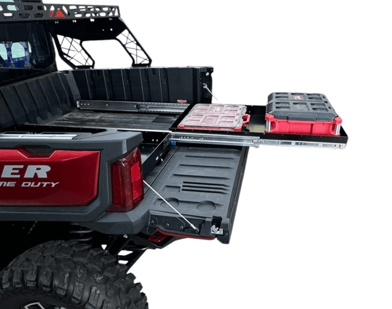 Polaris Ranger XD 1500 Bed Drawer — Polaris Ranger 1500XD Bed Drawer by AJK Offroad Side View Close Up of Extended Drawer with Gear