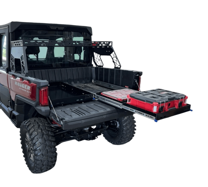 Polaris Ranger XD 1500 Bed Drawer — Polaris Ranger 1500XD Bed Drawer by AJK Offroad Side View Extended with Gear