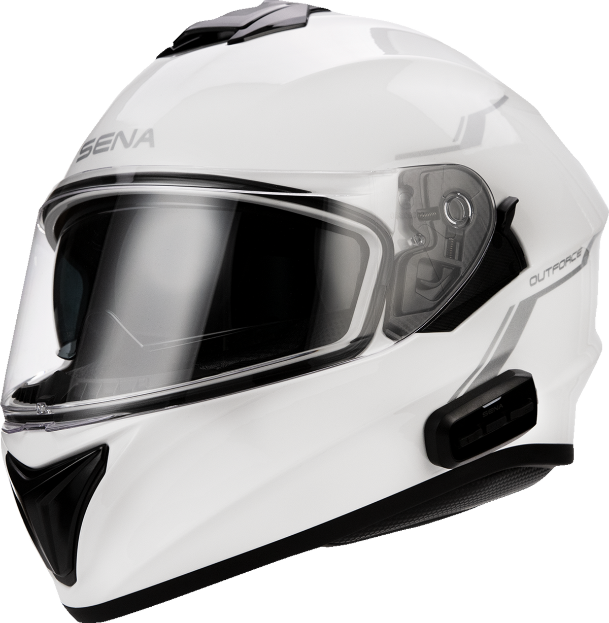 Sena Outforce full-face helmet in Gloss White — 3/4 left view