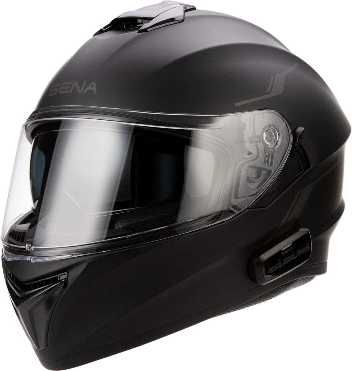 Sena Outforce full-face helmet in Matte Black — 3/4 left view